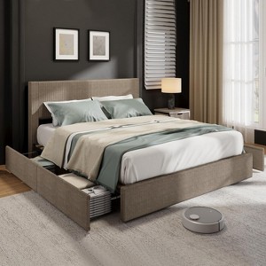 CuisinSmart Corduroy Bed Frame with Headboard, Platform Upholstered Bed Frame with 4 Storage Drawers and Wooden Slats Support - 1 of 4
