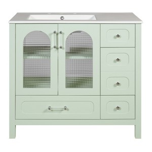 Vynxaria 36 inch Turquoise Single Sink Freestanding Bath Vanity with White Ceramic Top Four Deep Drawers Two Soft Close Waffle Texture Glass Doors - 1 of 4