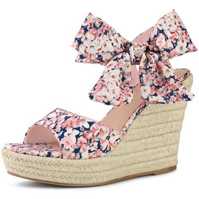 Allegra K Women's Floral Printed Slingback Wedge Sandals