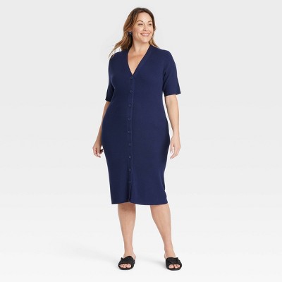 Women's Short Sleeve Button-Front Midi Sweater Dress - Ava & Viv™ Navy Blue 3X