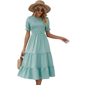 Coolmee Women's Summer Dress Casual Puff Short Sleeve Crew Neck Smocked Elastic Waist Tiered Midi Dress with Belt - 1 of 4