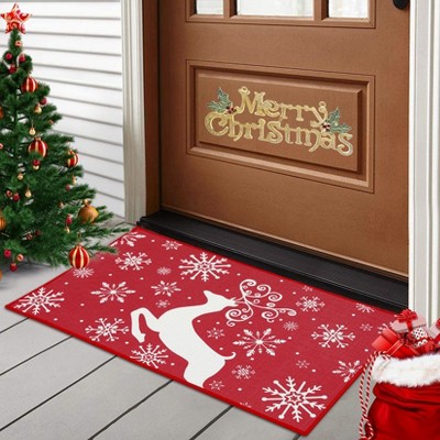Christmas Doormat Red Holiday Decorative Christmas Deer Pattern Rug