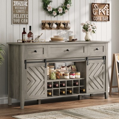 Farmhouse Buffet Cabinet with Storage, Sideboard with 3 Drawer, Reversible Wine Rack and Adjustable Shelf, Coffee Bar for Dining Room, Kitchen