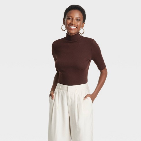 Women s Ribbed Short Sleeve Mock Turtleneck T shirt A New Day Brown Xs Target