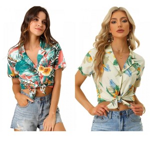 Allegra K Women's Hawaiian Floral Leaves Printed Short Sleeve Button Down Vintage Shirt 2 Pcs - 1 of 4