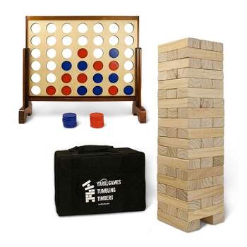YardGames Giant Tumbling Timbers Natural Pine Blocks Wood Stacking Game Bundle with Outdoor 4 in a Row Lawn Game with Storage Carrying Case