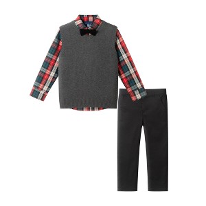 Andy & Evan  Toddler  Grey Sweater Vest, Green Plaid Buttondown & Black Twill Pant Set - 1 of 4