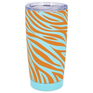 Elanze Designs 20 oz Stainless Steel On the Go Insulated Travel Tumbler With Push Top Lid, Tangerine Orange Zebra Print Sky Blue - 1 of 4