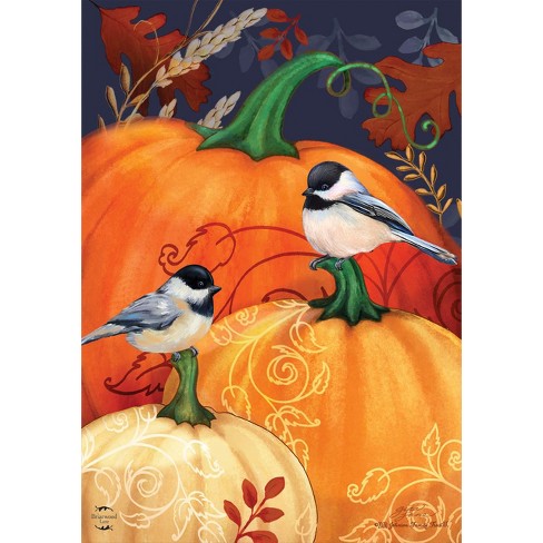 Pumpkins and Chickadees Fall House Flag Autumn Birds 28" x 40" Briarwood Lane - image 1 of 4