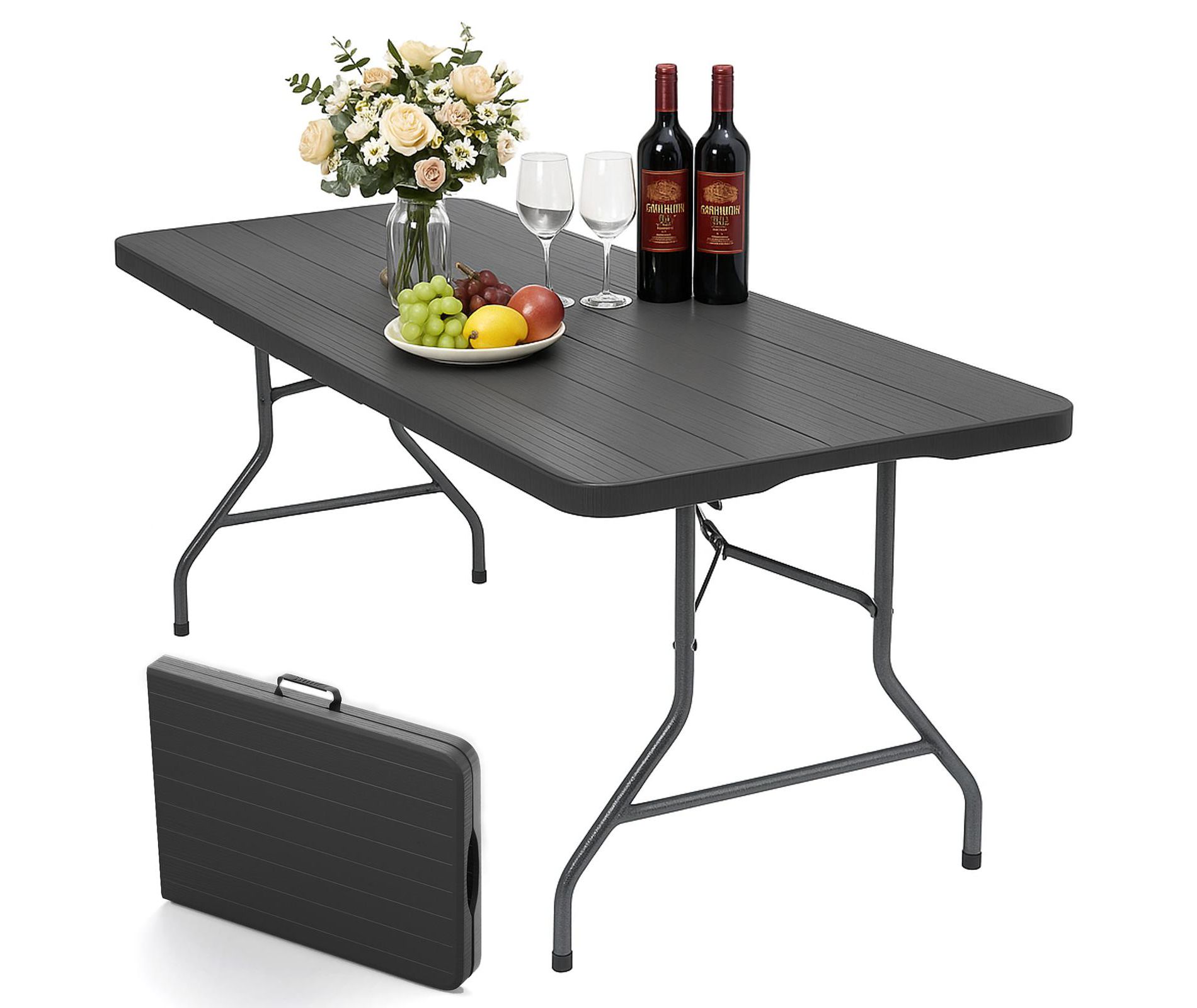 SUGIFT 6ft Folding Table with Wood Grain Finish, Heavy-Duty HDPE Patio Table, Ideal for Indoor/Outdoor Events, Picnics, and Parties