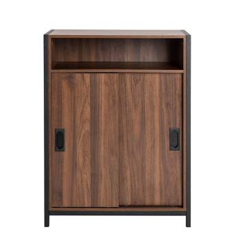 32" Wooden Metal Floor Cabinet with Double Sliding Doors Natural - Glitzhome
