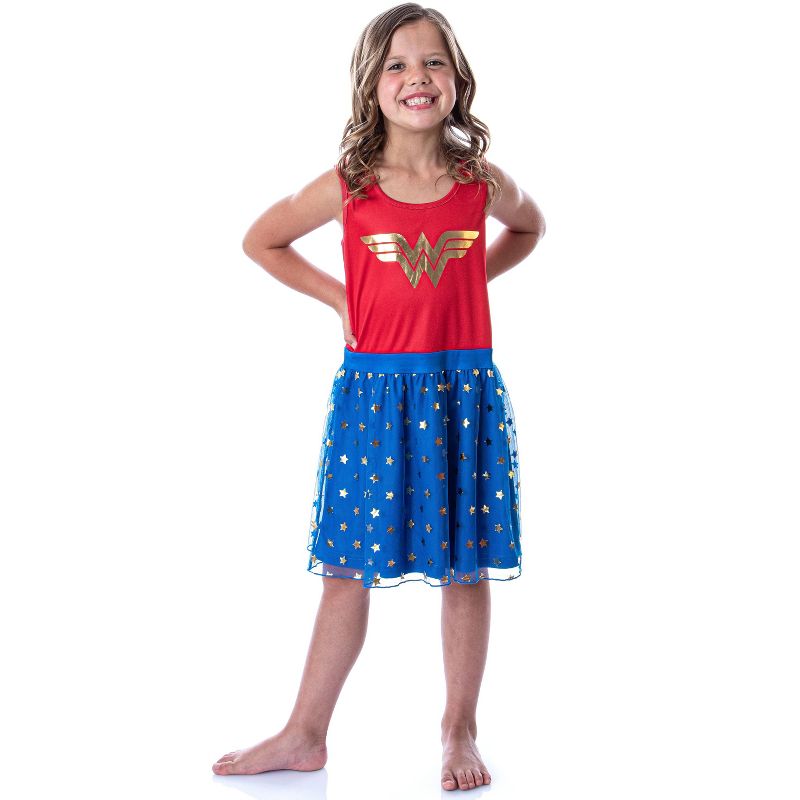 DC Comics Girl's Wonder Woman Logo and Stars Tank Nightgown Costume Pajama Red/Blue, 2 of 5