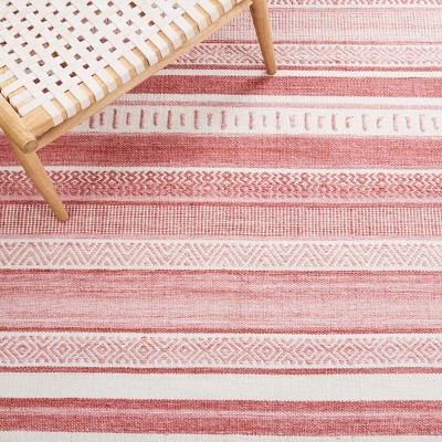 Ivory and Pink Striped 4' x 6' Flat Woven Wool Rug