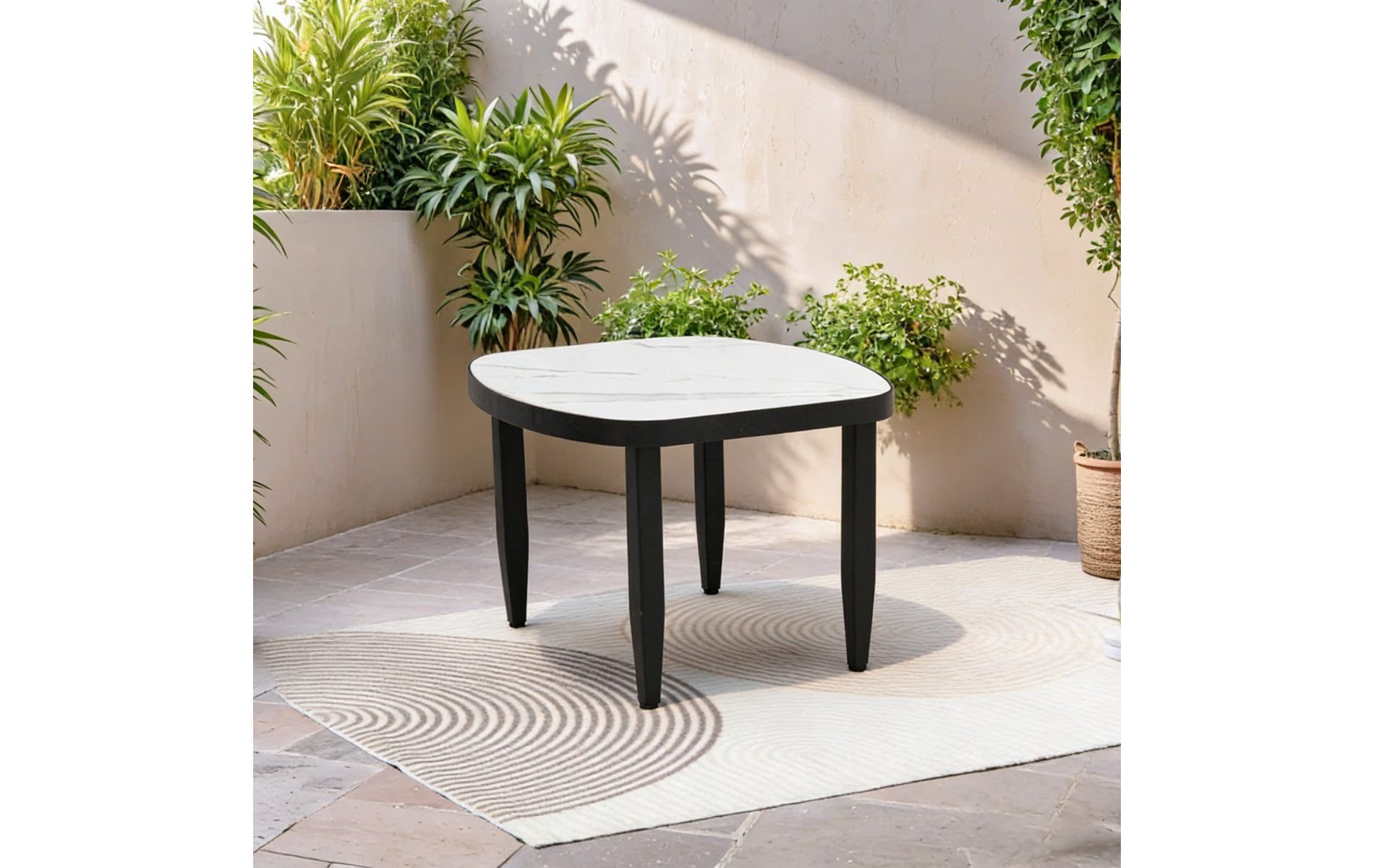 23.6" Modern Patio End Table, Marble-Look White Sintered Stone Top with Aluminum Frame, Weather-Resistant Side Table for Patio Use-Panipeachy