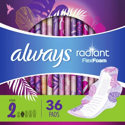 Always Radiant FlexFoam Heavy Flow Absorbency Pads with Wings - Scented - Size 2 - 36ct