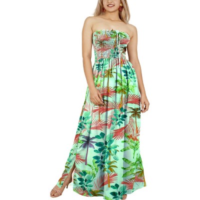 HAPPY BAY Women's House Daily Routine Evening Wear Holiday Flowy Backless Maxi A Line Casual Slit Party Strapless Tube Top Dress One Size Green, Tree