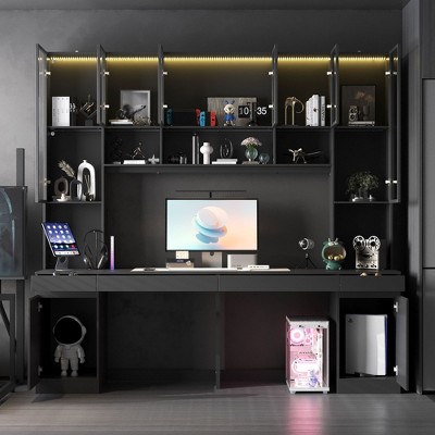 FUFU&GAGA Spacious Double Desk Workstation Game Desk Computer Desk Light Strips and USB Ports