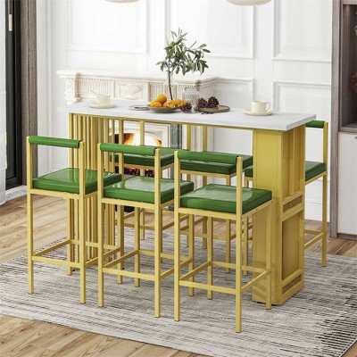 7 Pieces Counter Height Table Set, Kitchen Table Bar Stools, Breakfast Table Set, With 6 Stools, Side Open Shelves, For Living Room