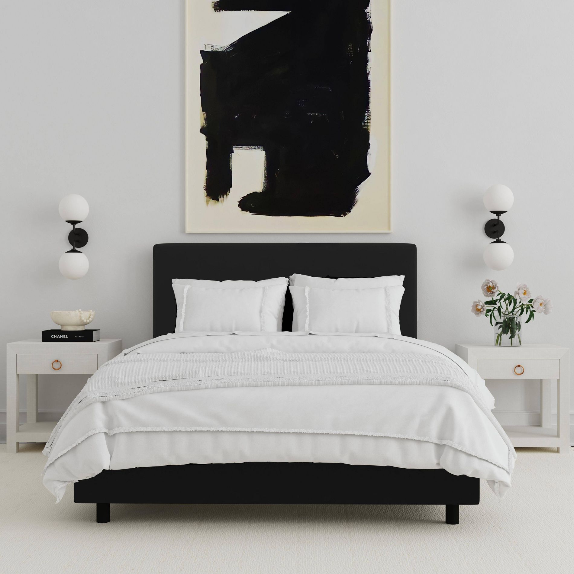 Queen Olivia Bed in Velvet Black - Threshold™: Pine Frame, Modern Style, 62"W x 49"H x 83"D