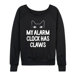 Women's - Instant Message - My Alarm Clock Has Claws Lightweight French Terry Wide Neck Long Sleeve Graphic Shirt - 1 of 4