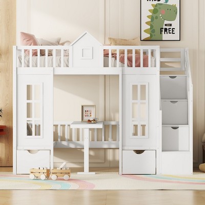 Twin Over Twin Convertible Loft Bed with Table and Benches, Playhouse Design, Solid Wood Frame, for Kids Bedroom