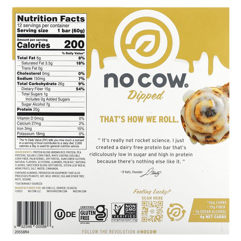 No Cow Dipped Protein Bar, Sticky Cinnamon Roll, 12 Bars, 2.12 oz (60 g) Each, 2 of 3