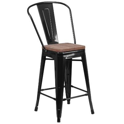 Emma and Oliver 24"H Metal Counter Height Stool with Back and Square Wood Seat