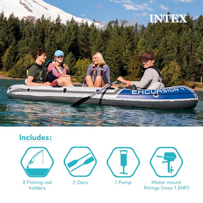 INTEX 68324EP Excursion 4 Inflatable Boat Set: Includes Deluxe 54in Boat Oars and High-Output Pump – Adjustable Seats with Backrest – Fishing Rod, 5 of 8