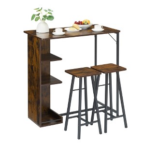 3-Piece Bar Table and Chairs Set for 2 – Rustic Brown Counter Height Dining Table with 2 Stools & Storage Shelves - 1 of 4