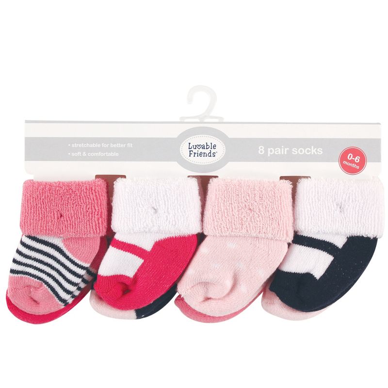Luvable Friends Baby Girl Newborn and Baby Terry Socks, Navy Mary Jane, 3 of 12
