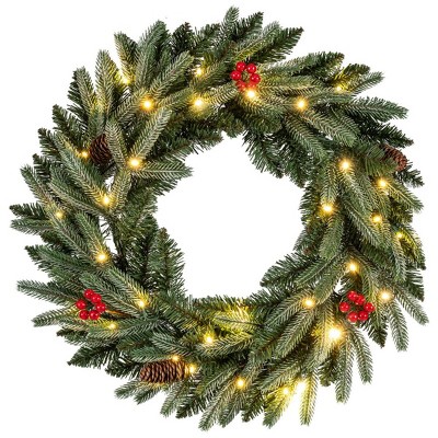 Angel Sar 24" Pre-Lit Christmas Wreath with Pine Cones & Berries, 20 Warm White LED Battery-Operated Wreath with Timer