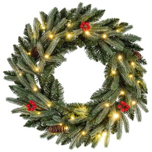 Angel Sar 24" Pre-Lit Christmas Wreath with Pine Cones & Berries, 20 Warm White LED Battery-Operated Wreath with Timer - 1 of 2