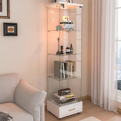 INFURNIC Decorative Bookshelf Modern Glass Display Cabinet 1-Door Storage Case with Drawer and 4 Shelves, White, 16.7"*14.4"*65.8"