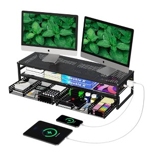 Simple Trending 2 Tier Metal Monitor Stand Riser with USB 2.0 and Charging Port With Two Drawer Storage and Reusable Cable Ties, Black - 1 of 4