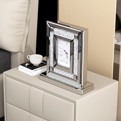 High-end Mirrored Desk Clock Crushed Diamond Table Clock Silver Glass Edge Frame