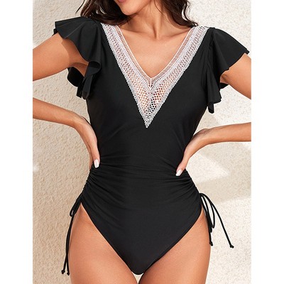 Womens Swimsuits V Neck Lace Trim Flutter Sleeve Tie Side Swimsuit