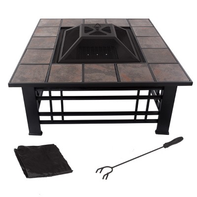 Black and Brown Wood Burning Fire Pit Table with Tile Top