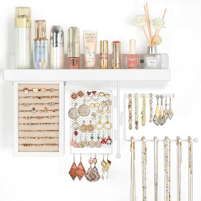 Hanging Jewelry Organizer Wall Mount with Rustic Wood Shelf, Ring Display Box, Rotating Necklace Holder Organizer