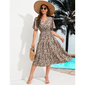 Coolmee Women Smocked High Waist Cross V Neck Ruffled Short Sleeve Layered Midi Dress - 1 of 4