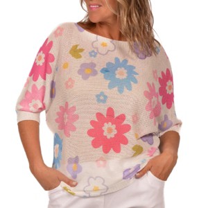 Catherine Lillywhite's Women's Pink Daisy Print Knit Top, Made in Italy, OS - 1 of 2