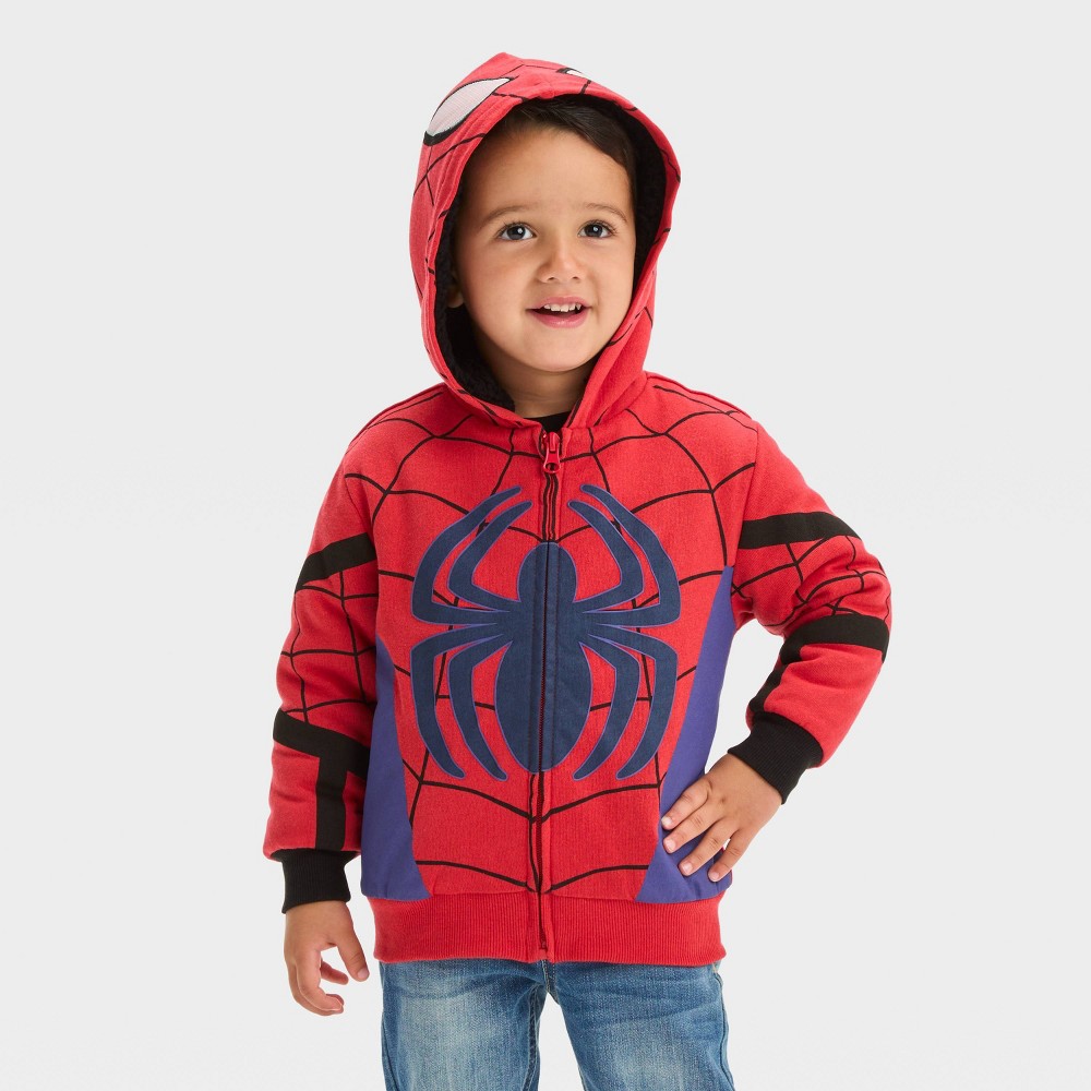 Toddler Boys' Marvel Spider-Man Halloween Faux Shearling Hood Cosplay Fleece Zip-Up Sweatshirt - Red 18M