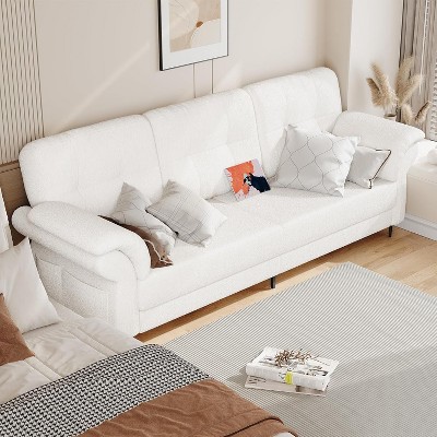 83'' Modern White Sofa 3 Seater Comfy Couch with Sponge Armrest, Iron Frame, Curved Bent Armrest, Magazine Pocket, and Deep Cushion