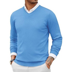 COOFANDY Men Casual V Neck Sweater Ribbed Knit Slim Fit Long Sleeve Pullover Top White - 1 of 4