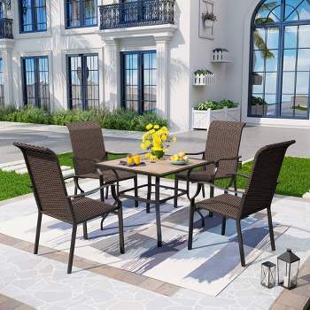 5pc Patio Dining Set - Rattan Arm Chairs, Square Faux Wood & Steel Table, Weather-Resistant - Captiva Designs