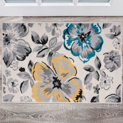 Cream Round Floral Synthetic Stain-Resistant Area Rug