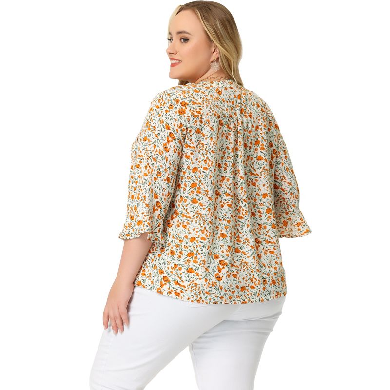 Agnes Orinda Women's Plus Size Pleated Ruffle 3/4 Sleeves Pintuck V Neck Floral Blouses, 4 of 6