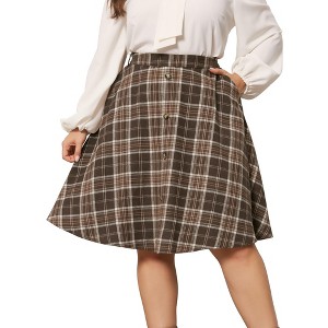 Agnes Orinda Women's Plus Size Plaid Elastic High Waist Button Front A-Line Skirt - 1 of 4