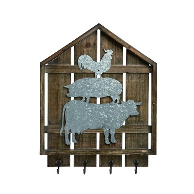 Transpac Wood 26.5 in. Metal Accented Spring Farmhouse Staked Farm Animal Wall Hook Hanger Decorations Rooster Pig Cow
