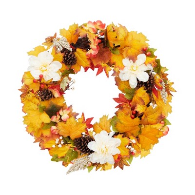 Fall Front Door Wreath, 24" Artificial With Pinecone, Maple Leaf, White Flowers