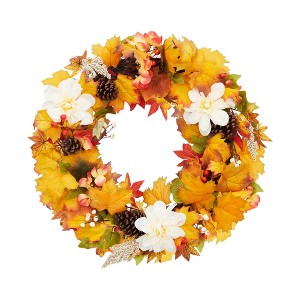 Fall Front Door Wreath, 24" Artificial With Pinecone, Maple Leaf, White Flowers - 1 of 4